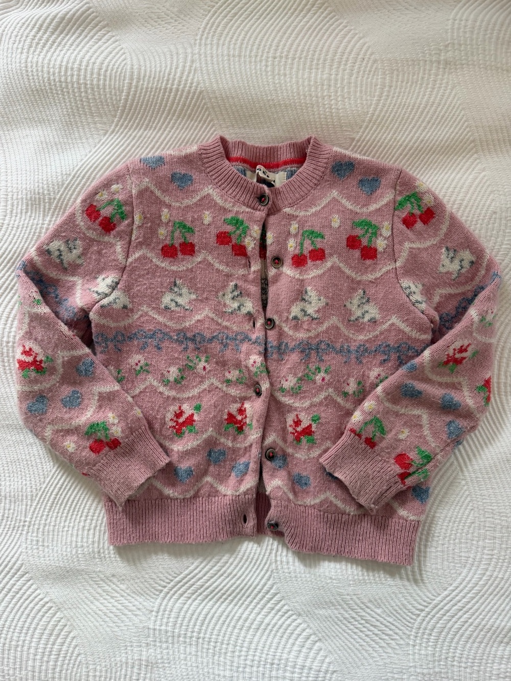 Mini Boden Pink Cherry, Bunny & Floral Knit Button Cardigan